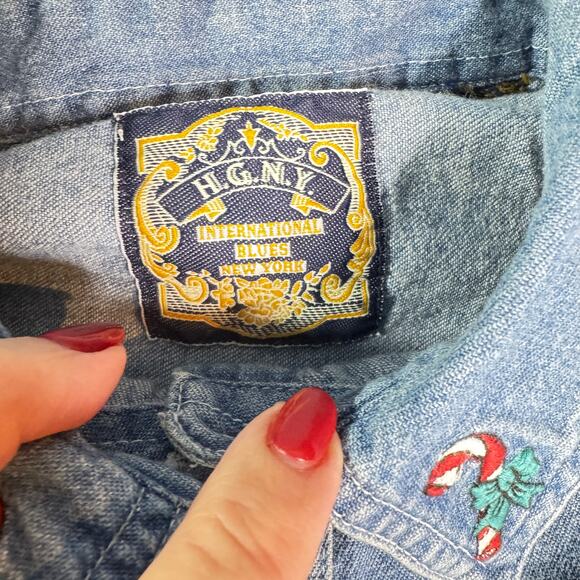 Vintage Christmas Women's sz Large/XL Denim Shirt Candy Cane Embroidery LS - Picture 3 of 7